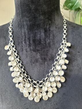 Silver Tone Coin Charm Bib Statement Necklace Layered Boho Fashion Jewelry